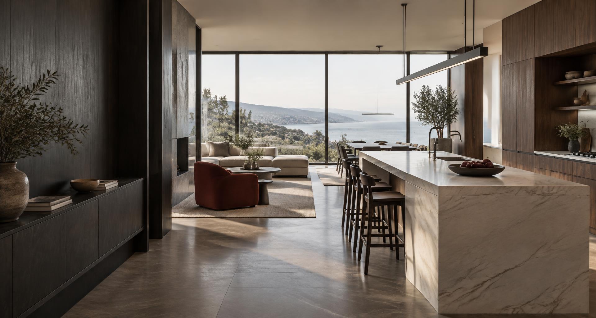 Illustrative contemporary interior with bespoke cabinetry and a stone kitchen island